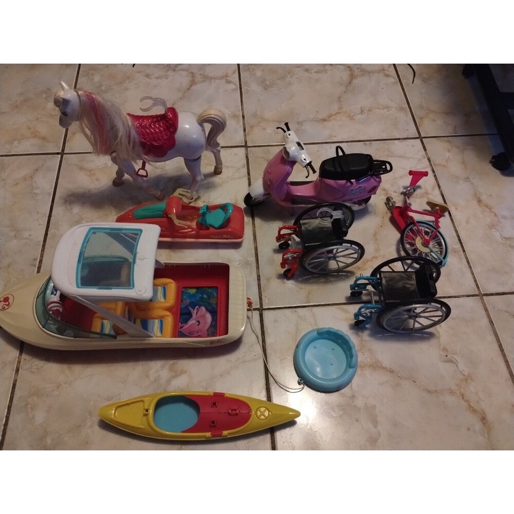 BARBIE Toy Lot Accessories Horse Jet ski Wheelchairs Unicycle Scooter Boat Kayak
